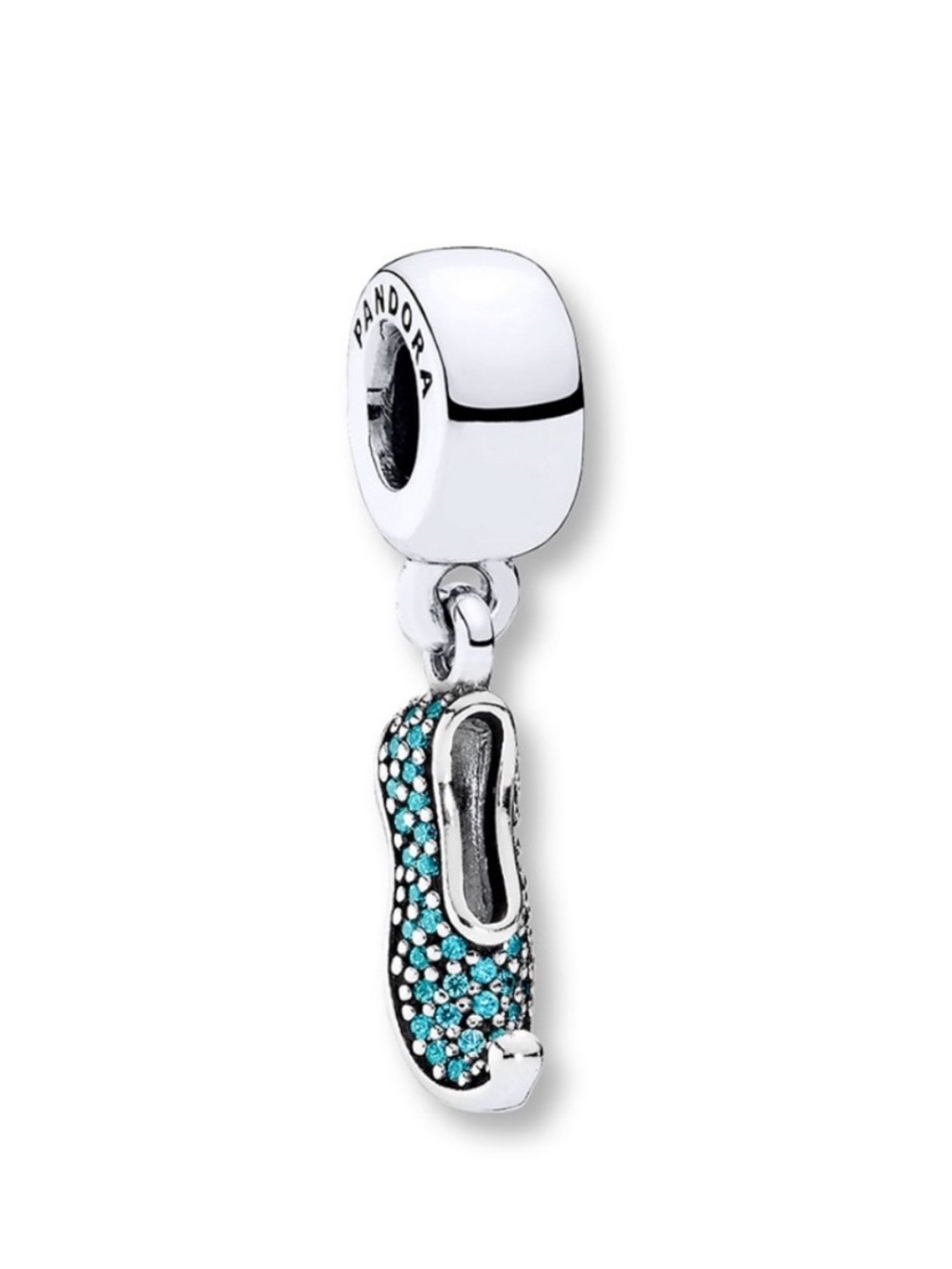 Pandora Silver Jasmines sparkling slipper Charm with Turquoise Blue Crystals